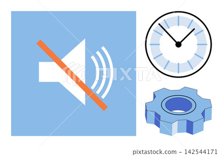 Mute sound icon with clock and gear icons vector illustration. Settings, time management, audio control, silent mode, productivity, technical support. Speaker off symbol with watch and cog 142544171