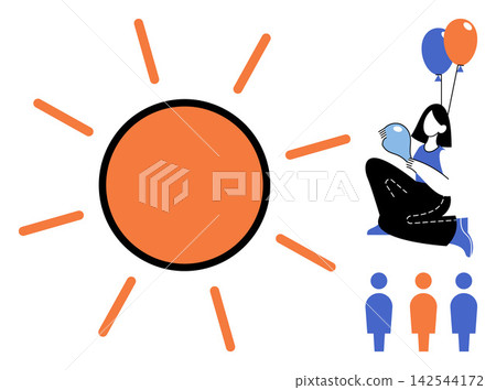 A person holding balloons next to a sun icon vector illustration. Travel, leisure, holiday, celebration, outdoor activity, summer season. Woman with floating spheres near solar symbol A person holding balloons next to a sun icon vector illustration. Travel, leisure, holiday, celebration, outdoor activity, summer season. Woman with floating spheres near solar symbol 142544172