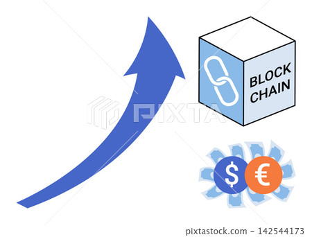 Blockchain cube with rising arrow and money symbols vector illustration. Cryptocurrency investment, financial growth, digital assets, market profit, economic success, decentralized finance Blockchain cube with rising arrow and money symbols vector illustration. Cryptocurrency investment, financial growth, digital assets, market profit, economic success, decentralized finance 142544173
