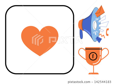 Heart megaphone and trophy icons vector illustration. Marketing strategy, digital communication, brand loyalty, customer feedback, achievement, social media growth. Love symbol loudspeaker award Heart megaphone and trophy icons vector illustration. Marketing strategy, digital communication, brand loyalty, customer feedback, achievement, social media growth. Love symbol loudspeaker award 142544183