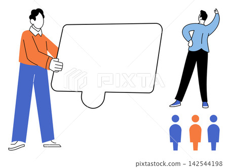 People holding a large puzzle piece and standing near icons vector illustration. Teamwork, problem solving, strategy, business growth, partnership, corporate planning. Colleagues connecting pieces People holding a large puzzle piece and standing near icons vector illustration. Teamwork, problem solving, strategy, business growth, partnership, corporate planning. Colleagues connecting pieces 142544198
