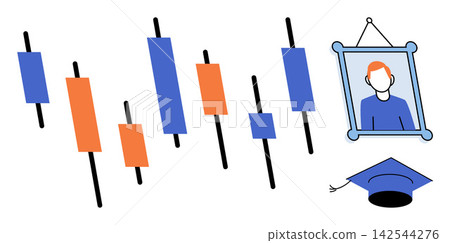 Financial candlestick chart with portrait frame and graduation cap vector illustration. Investment, education, wealth, planning, success, future. Stock market graph with academic degree icon Financial candlestick chart with portrait frame and graduation cap vector illustration. Investment, education, wealth, planning, success, future. Stock market graph with academic degree icon 142544276