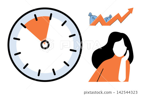 Clock with rising profit graph and woman vector illustration. Productivity, investment, financial planning, time management, business strategy, wealth growth. Timer showing progress and investor Clock with rising profit graph and woman vector illustration. Productivity, investment, financial planning, time management, business strategy, wealth growth. Timer showing progress and investor 142544323
