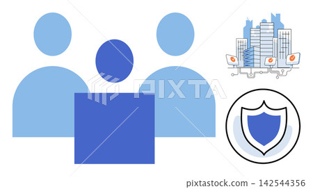 Group of people with digital city and shield icon vector illustration. Network security, data privacy, corporate protection, cloud infrastructure, information safety, digital identity. Users Group of people with digital city and shield icon vector illustration. Network security, data privacy, corporate protection, cloud infrastructure, information safety, digital identity. Users 142544356