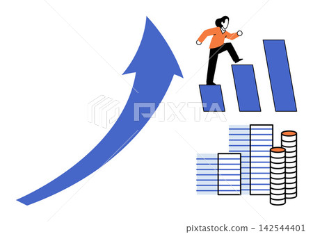 Business person climbing a bar chart with a rising arrow vector illustration. Financial growth, career development, investment success, market progress, economic profit, corporate strategy Business person climbing a bar chart with a rising arrow vector illustration. Financial growth, career development, investment success, market progress, economic profit, corporate strategy 142544401