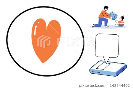 Heart icon, parent playing with child, and smartphone with speech bubble vector illustration. Love, parenting, communication, technology, connection, family care. Romantic shape, father and infant Heart icon, parent playing with child, and smartphone with speech bubble vector illustration. Love, parenting, communication, technology, connection, family care. Romantic shape, father and infant 142544402