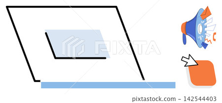 Laptop with megaphone and cursor icon vector illustration. Digital marketing, online advertising, social media promotion, business communication, brand awareness, customer engagement. Computer screen Laptop with megaphone and cursor icon vector illustration. Digital marketing, online advertising, social media promotion, business communication, brand awareness, customer engagement. Computer screen 142544403