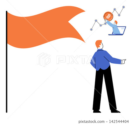 Businessman looking at a flag and a digital bitcoin growth chart vector illustration. Financial success, cryptocurrency investment, market analysis, goal setting, business strategy, growth Businessman looking at a flag and a digital bitcoin growth chart vector illustration. Financial success, cryptocurrency investment, market analysis, goal setting, business strategy, growth 142544404