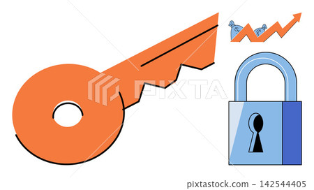 Orange key and blue padlock with a rising financial arrow vector illustration. Business security, financial growth, investment protection, data safety, success strategy, wealth management. Security Orange key and blue padlock with a rising financial arrow vector illustration. Business security, financial growth, investment protection, data safety, success strategy, wealth management. Security 142544405