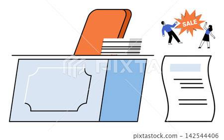 Office desk with documents and people shopping during a sale event vector illustration. Retail, commerce, business, marketing, consumerism, discount. Workplace furniture with shoppers Office desk with documents and people shopping during a sale event vector illustration. Retail, commerce, business, marketing, consumerism, discount. Workplace furniture with shoppers 142544406