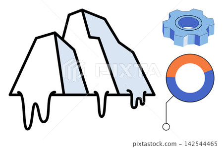 Melting iceberg with gear and circular chart icon vector illustration. Climate change, global warming, industrial efficiency, data analysis, environmental impact, business strategy. Thawing glacier Melting iceberg with gear and circular chart icon vector illustration. Climate change, global warming, industrial efficiency, data analysis, environmental impact, business strategy. Thawing glacier 142544465