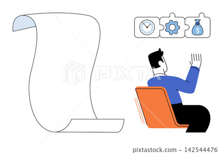 A person sitting in a chair looking at a blank paper scroll and productivity icons vector illustration. Planning, strategy, time management, workflow, financial goals, business development. Man 142544476