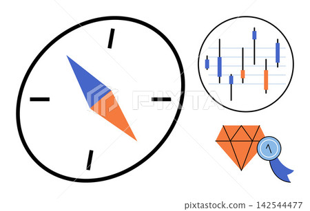 Compass with stock market candlestick chart and diamond icon vector illustration. Investment planning, financial growth, market direction, trading strategy, asset valuation, business success Compass with stock market candlestick chart and diamond icon vector illustration. Investment planning, financial growth, market direction, trading strategy, asset valuation, business success 142544477