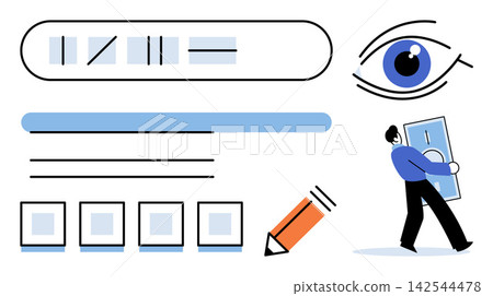 Digital interface elements with a user eye and a person carrying money vector illustration. Web development, user experience, financial growth, visual perception, investment, graphic design. UI 142544478