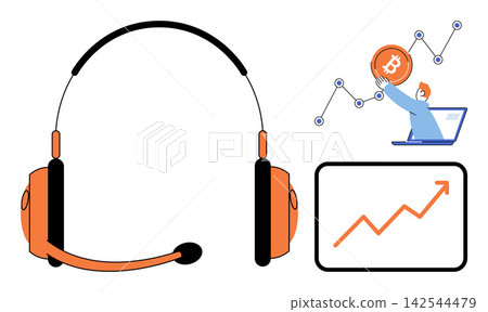 Headphones with microphone and person holding bitcoin coin on laptop screen vector illustration. Financial consulting, crypto trading, market analysis, customer service, investment, digital growth Headphones with microphone and person holding bitcoin coin on laptop screen vector illustration. Financial consulting, crypto trading, market analysis, customer service, investment, digital growth 142544479