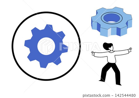 Gear icons and a person character vector illustration. Engineering, industrial development, technical support, workflow management, mechanical maintenance, system optimization. Cogwheel symbols Gear icons and a person character vector illustration. Engineering, industrial development, technical support, workflow management, mechanical maintenance, system optimization. Cogwheel symbols 142544480