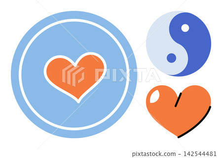 Orange hearts and a yin yang symbol vector illustration. Harmony, mindfulness, emotional health, spiritual balance, love, wellness. Graphic icons affection and duality 142544481