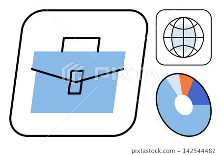 Business briefcase globe and pie chart icons vector illustration. Corporate strategy, global marketing, financial analysis, data management, professional growth, office workflow. Portfolio case world 142544482