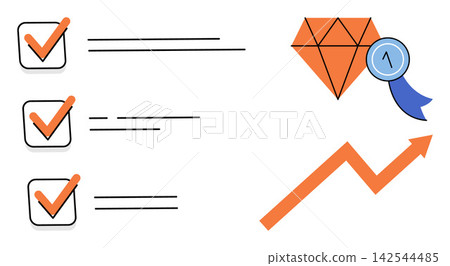 Checklist with checkmarks, diamond icon, and rising arrow graph vector illustration. Quality control, business success, performance growth, task management, achievement, productivity. Task list 142544485