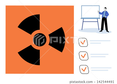 Radiation hazard symbol and instructor presenting on a whiteboard vector illustration. Safety, nuclear energy, radioactive material, risk management, industrial training, hazard awareness Radiation hazard symbol and instructor presenting on a whiteboard vector illustration. Safety, nuclear energy, radioactive material, risk management, industrial training, hazard awareness 142544491