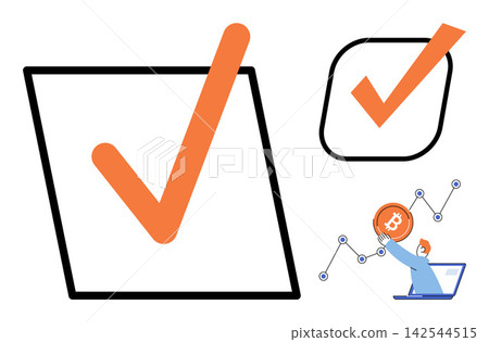 Checkmark icons and businessman holding bitcoin coin vector illustration. Finance, cryptocurrency, investment, business growth, digital currency, success. Tick symbols and trader with crypto Checkmark icons and businessman holding bitcoin coin vector illustration. Finance, cryptocurrency, investment, business growth, digital currency, success. Tick symbols and trader with crypto 142544515