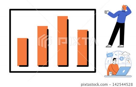 Bar chart and people working with technology vector illustration. Data analytics, software development, business growth, digital transformation, professional productivity, information technology Bar chart and people working with technology vector illustration. Data analytics, software development, business growth, digital transformation, professional productivity, information technology 142544528