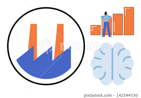 Factory icon, bar chart with person, and human brain vector illustration. Productivity, manufacturing, economic growth, mental development, industrial progress, creative thinking. Plant symbol Factory icon, bar chart with person, and human brain vector illustration. Productivity, manufacturing, economic growth, mental development, industrial progress, creative thinking. Plant symbol 142544530