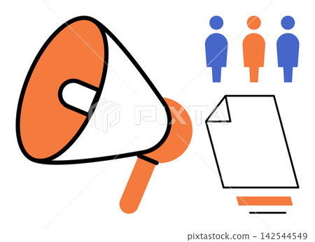 Megaphone with document and people icons vector illustration. Marketing, business, communication, announcement, strategy, management. Loudspeaker with paper file and group of users Megaphone with document and people icons vector illustration. Marketing, business, communication, announcement, strategy, management. Loudspeaker with paper file and group of users 142544549