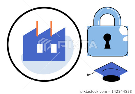 Factory building in circle, padlock, and graduation cap vector illustration. Industrial safety, data protection, academic research, intellectual property, manufacturing security, education. Plant Factory building in circle, padlock, and graduation cap vector illustration. Industrial safety, data protection, academic research, intellectual property, manufacturing security, education. Plant 142544558