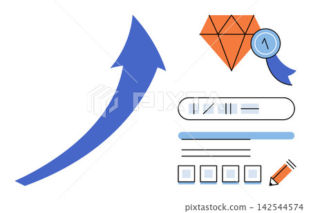 Upward arrow with diamond and award ribbon vector illustration. Success, business growth, quality assurance, achievement, marketing strategy, performance. Rising graph with gem symbol Upward arrow with diamond and award ribbon vector illustration. Success, business growth, quality assurance, achievement, marketing strategy, performance. Rising graph with gem symbol 142544574