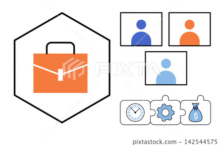 Business icons and briefcase in hexagon frame vector illustration. Remote work, team collaboration, time management, financial planning, corporate strategy, digital communication. Office symbols Business icons and briefcase in hexagon frame vector illustration. Remote work, team collaboration, time management, financial planning, corporate strategy, digital communication. Office symbols 142544575