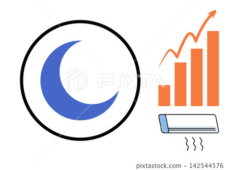 Crescent moon icon next to a rising bar chart and air conditioner unit vector illustration. Energy efficiency, cooling costs, utility bills, climate control, power usage, night mode. Nocturnal Crescent moon icon next to a rising bar chart and air conditioner unit vector illustration. Energy efficiency, cooling costs, utility bills, climate control, power usage, night mode. Nocturnal 142544576