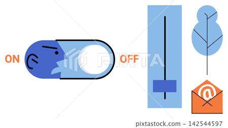 Toggle switch with human profile and interface elements vector illustration. User experience, digital settings, communication, web design, connectivity, email notification. UI controls and icons Toggle switch with human profile and interface elements vector illustration. User experience, digital settings, communication, web design, connectivity, email notification. UI controls and icons 142544597