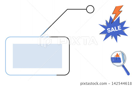 Digital tablet with sale notification and magnifying glass vector illustration. E-commerce, online shopping, marketing, discount, retail, consumer behavior. Electronic screen with price alert Digital tablet with sale notification and magnifying glass vector illustration. E-commerce, online shopping, marketing, discount, retail, consumer behavior. Electronic screen with price alert 142544618