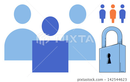 Group of user icons with a padlock vector illustration. Data protection, digital security, privacy policy, identity theft, network safety, information access. People symbols and security lock Group of user icons with a padlock vector illustration. Data protection, digital security, privacy policy, identity theft, network safety, information access. People symbols and security lock 142544623