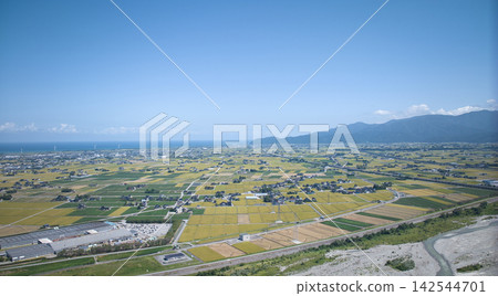 這是日本富山縣黑部川沖積扇在水稻收割季節接近時的景象。 這是日本富山縣黑部川沖積扇在水稻收割季節接近時的景象。 142544701