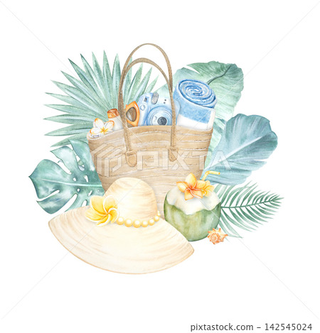 Watercolor beach bag with accessories and a hat. Tropical summer vacation theme. Banana palm leaves and monstera. Hand-painted coconut cocktail with plumeria. Beach bag with accessories and a hat. Watercolor beach bag with accessories and a hat. Tropical summer vacation theme. Banana palm leaves and monstera. Hand-painted coconut cocktail with plumeria. Beach bag with accessories and a hat. 142545024