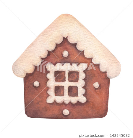 Christmas gingerbread house cookie decorated with white icing. Watercolor illustration isolated on white background. Ideal for New Year's decor and baked goods packaging, winter cards, festival menu Christmas gingerbread house cookie decorated with white icing. Watercolor illustration isolated on white background. Ideal for New Year's decor and baked goods packaging, winter cards, festival menu 142545082