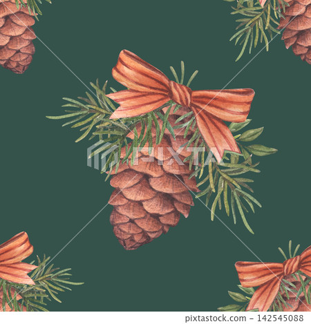 Seamless pattern with pine cone, orange bow, fir branches. Watercolor illustration, isolated on green background. Festive background for wrapping paper, textile fabric, wallpaper, holiday decoration Seamless pattern with pine cone, orange bow, fir branches. Watercolor illustration, isolated on green background. Festive background for wrapping paper, textile fabric, wallpaper, holiday decoration 142545088