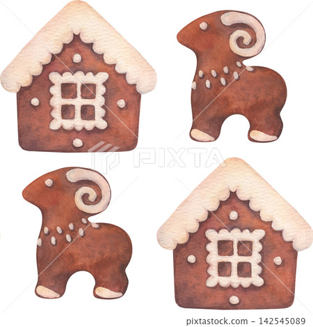 Seamless pattern with gingerbread houses, ram cookies, decorated with white icing. Watercolor illustration, isolated on white background. Perfect for wrapping paper, textile fabric, wallpaper, menu. Seamless pattern with gingerbread houses, ram cookies, decorated with white icing. Watercolor illustration, isolated on white background. Perfect for wrapping paper, textile fabric, wallpaper, menu. 142545089