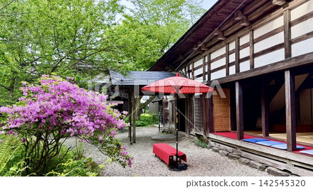 Fresh green leaves, azaleas in full bloom, a red outdoor tea ceremony umbrella, and a crimson felt carpet on a bench add to the vibrant colors of the garden at the Aoyagi family residence in Kakunodate Historical Village, Akita Prefecture. Fresh green leaves, azaleas in full bloom, a red outdoor tea ceremony umbrella, and a crimson felt carpet on a bench add to the vibrant colors of the garden at the Aoyagi family residence in Kakunodate Historical Village, Akita Prefecture. 142545320