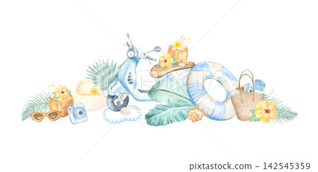 A watercolor composition themed around a tropical summer vacation. A scooter for a trip to the beach. A beach bag and a hat. Palm leaves and monstera. A hand painted summer coconut cocktail. A watercolor composition themed around a tropical summer vacation. A scooter for a trip to the beach. A beach bag and a hat. Palm leaves and monstera. A hand painted summer coconut cocktail. 142545359
