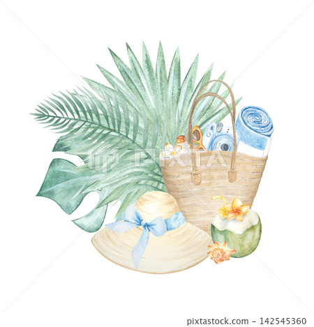 A watercolor composition themed around a tropical summer vacation. A watercolor-painted beach bag with accessories and a hat. Banana palm leaves and monstera. A hand-painted summer coconut cocktail. A watercolor composition themed around a tropical summer vacation. A watercolor-painted beach bag with accessories and a hat. Banana palm leaves and monstera. A hand-painted summer coconut cocktail. 142545360