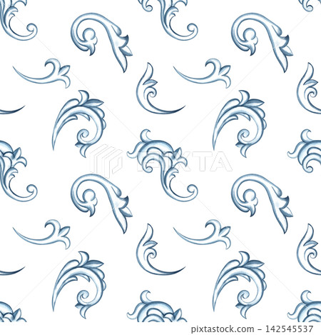 A seamless pattern with a decorative blue ornament in the Baroque style. Hand drawn watercolor illustration. Perfect for textiles, tablecloths and curtains, for prints, backgrounds, wallpaper and more A seamless pattern with a decorative blue ornament in the Baroque style. Hand drawn watercolor illustration. Perfect for textiles, tablecloths and curtains, for prints, backgrounds, wallpaper and more 142545537