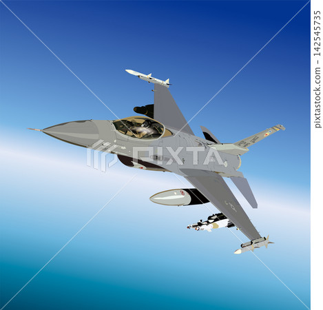 An overhead illustration of an F-16 Fighting Falcon fighter jet flying through a blue sky. An overhead illustration of an F-16 Fighting Falcon fighter jet flying through a blue sky. 142545735