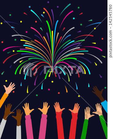 Colorful firework with raised hands. Colorful firework with raised hands. 142545760