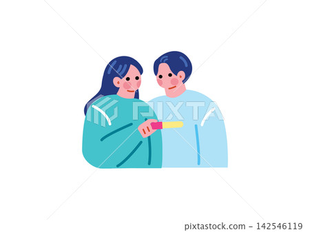 一對夫婦正在查看驗孕棒的插圖。 一對夫婦正在查看驗孕棒的插圖。 142546119