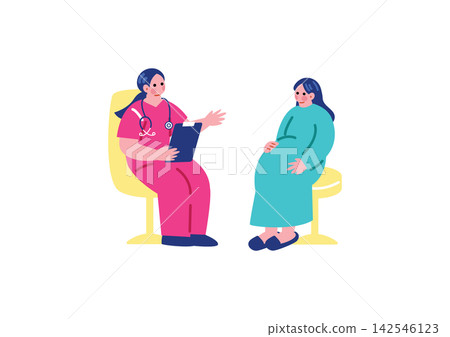 一幅孕婦在產前檢查時與醫生交談的插圖。 142546123