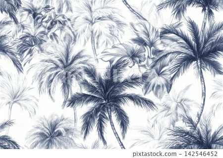 Seamless pattern with hand-drawn palm trees and tropical foliage in pencil sketch style. Monochrome botanical design perfect for fabric, wallpaper, and packaging. 142546452