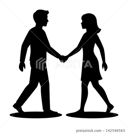 Silhouette of young couple holding hands walking together Silhouette of young couple holding hands walking together 142546563